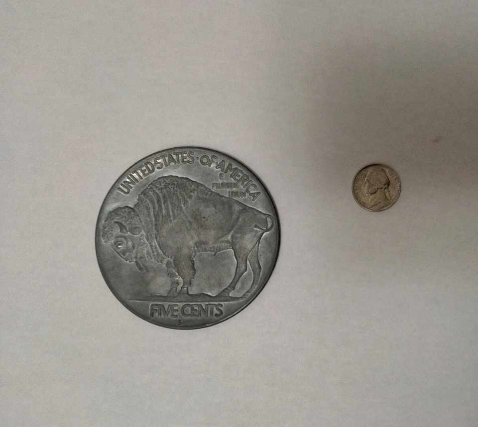 Buffalo Indian Head Nickel Vtg Large 3" Metal Medallion 1913 rp Novelty Coin - Image 3 of 4