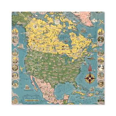 1945 Ernest Dudley Chase Bildkarte Nordamerika Wandkunstdruck Quadrat 24x24