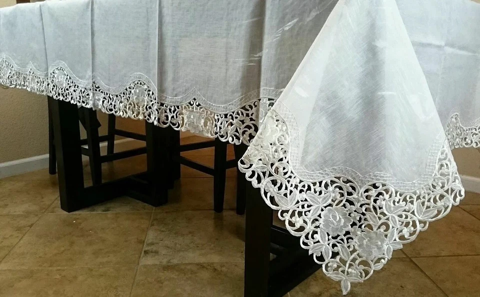 Mantel Floral Organza Poliéster 72x126" Marfil Bordado 12 Servilletas Boda Foto 3 de 4