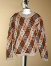 Boy's VTG 1970s Beige  Brown Sweater Diamond Print Round Neck Sz L 10-12 NOS