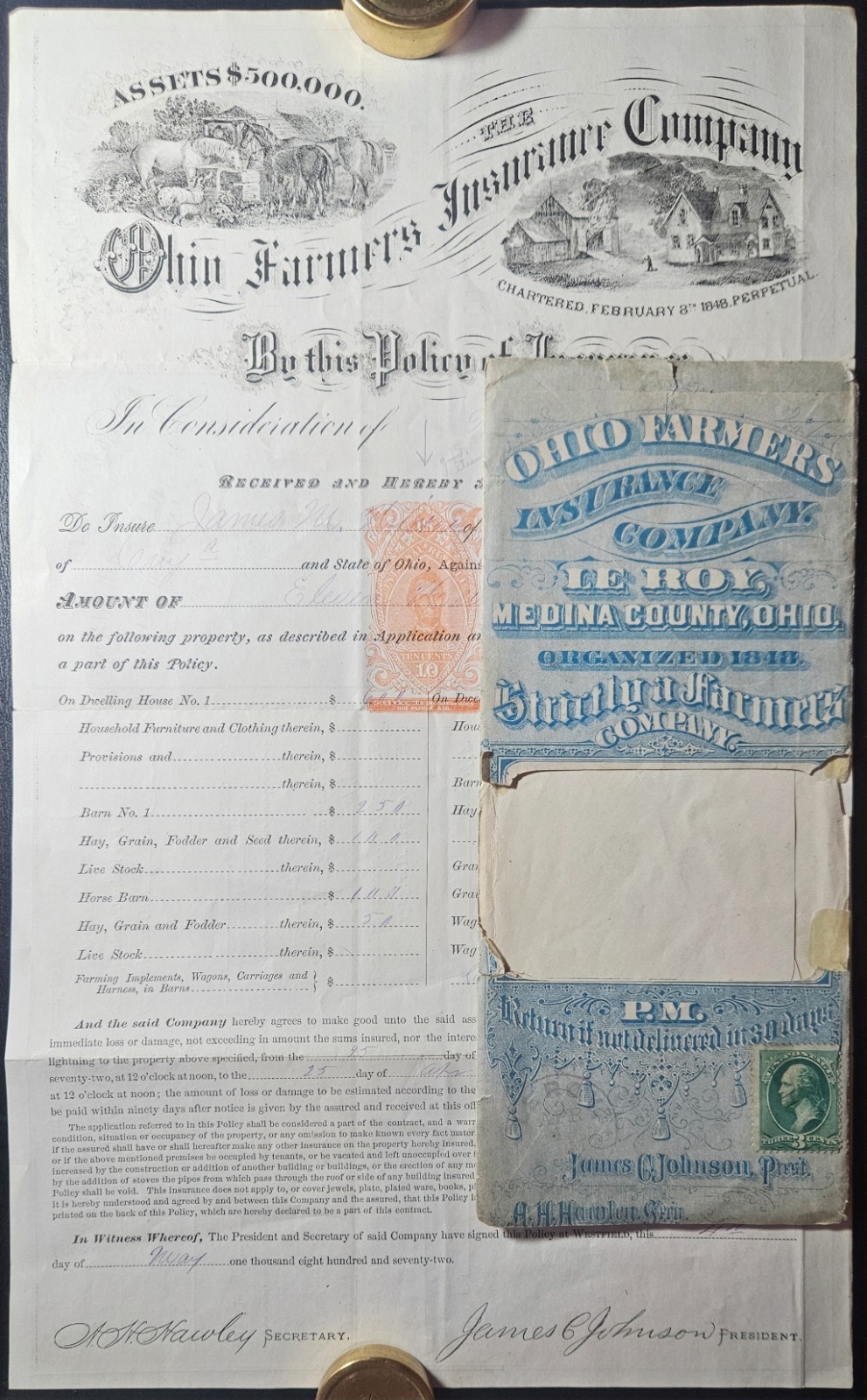 Rn-R6 Lincoln Revenue Stamped Paper Oh Insurance Advertising Leroy 1872 Cv $400!