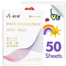 Premium Printable Vinyl Sticker Paper for Inkjet Printers, 50 Sheets Matte Wh