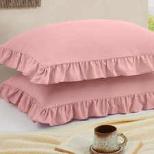 Ruffled Pillow Cases Set of 2, Pink Queen Pillow Shams Brushed Microfiber Edg...