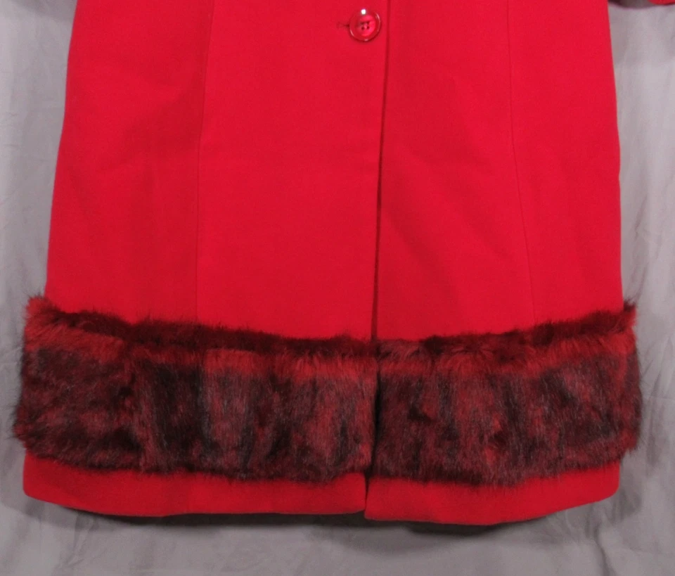 KC COLLECTIONS Red Fleece FAUX FUR TRIM Button-Up POCKETS Long JACKET/COAT Sz M - Image 4 of 4