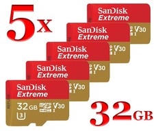 5x SANDISK - Extreme 32GB microSDHC UHS-I U3 V30 Memory Card with Adapter