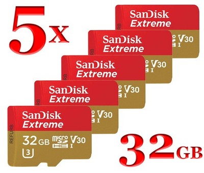 5x SANDISK - Extreme 32GB microSDHC UHS-I U3 V30 Memory Card with Adapter