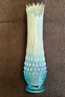 Vintage 16" Fenton Hobnail Blue Opalescent Vase, Swung/ Stretch Bud Vase