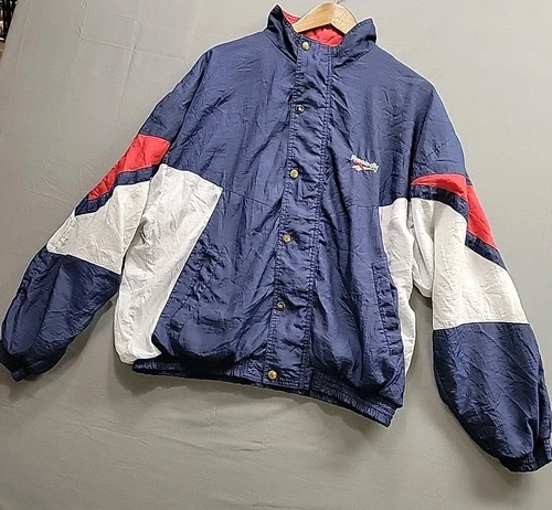 VTG Reebok Windbreaker Jacket Men’s L Red White Blue 90s Colorblock Zip Damaged