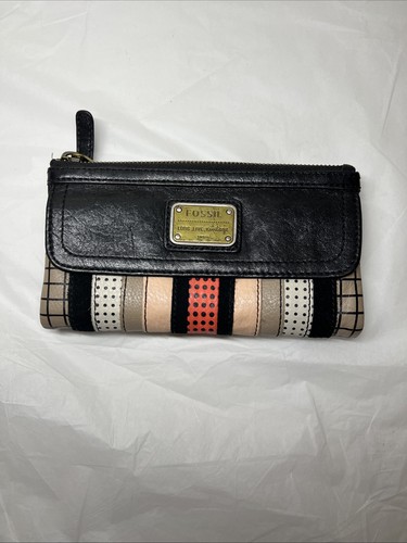 FOSSIL Long Live Vintage 1954 schwarz gestreifte Leder Geldbörse Clutch Doppelfaltung