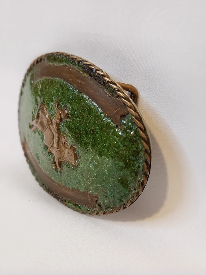 Vtg Nickle Silver Custom Made Emerald And Brass Front Bullriding Belt Buckle - Image 3 of 4