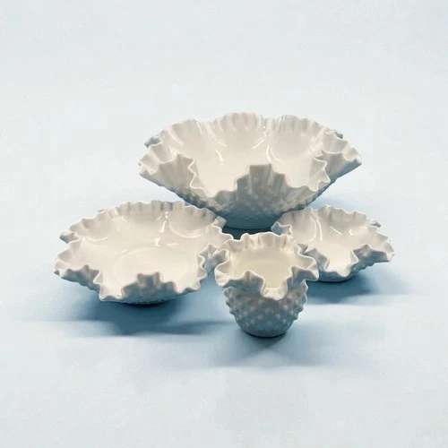 Vintage Fenton Milk Glass Hobnail Dishes with Ruffled Edge Lot Of 4 MCM