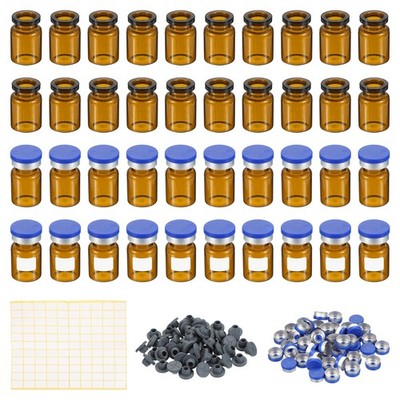 5ml Sample Vials, 100pcs Lab Empty Vials with Rubber Stopper Caps Labels, Amber