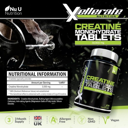 Creatine Monohydrate Tablets 3000mg 270 Vegan 3 Month Supply Xellerate Nutrition - Picture 4 of 7