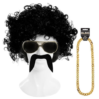 70'S DISCO MAN SET BLACK AFRO WIG MOUSTACHE CHAIN GLASSES FANCY DRESS  DANCER