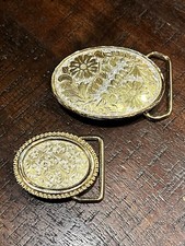 Pair of Vintage W USA Floral Western Cowgirl Belt Buckles In Gold Silver Tone