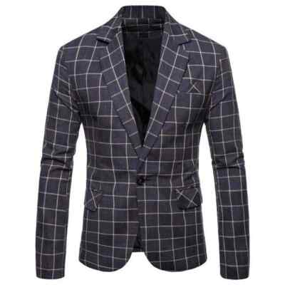 elegante Herren Smoking Jacke grau kariert Knopf Slim Herrenmode 1098