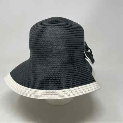 NWT MAGID Black and Off-White Paper Straw Bucket Hat with Bow