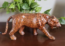 Leather Covered Leopard Cheetah Vintage Jungle Decor Animal Statue