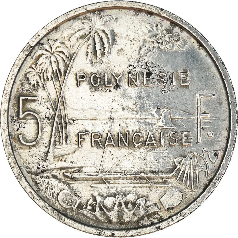 French Polynesia 5 Francs Coin | Liberty Sitting | Throne | Sailboat | 1965 - Image 2 of 4