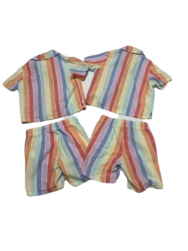 Lote Antiguo Conjunto Camisa y Pantalones Cortos Azul Marino Mezcla Lino Botón Frontal Gemelos Pastel Rayas Foto 2 de 4