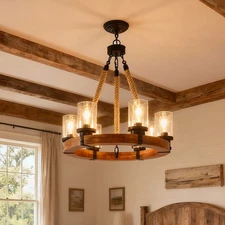 24'' Pendant 6 Lights Wagon Wheel Wood Farmhouse Chandelier Living Room Fixture