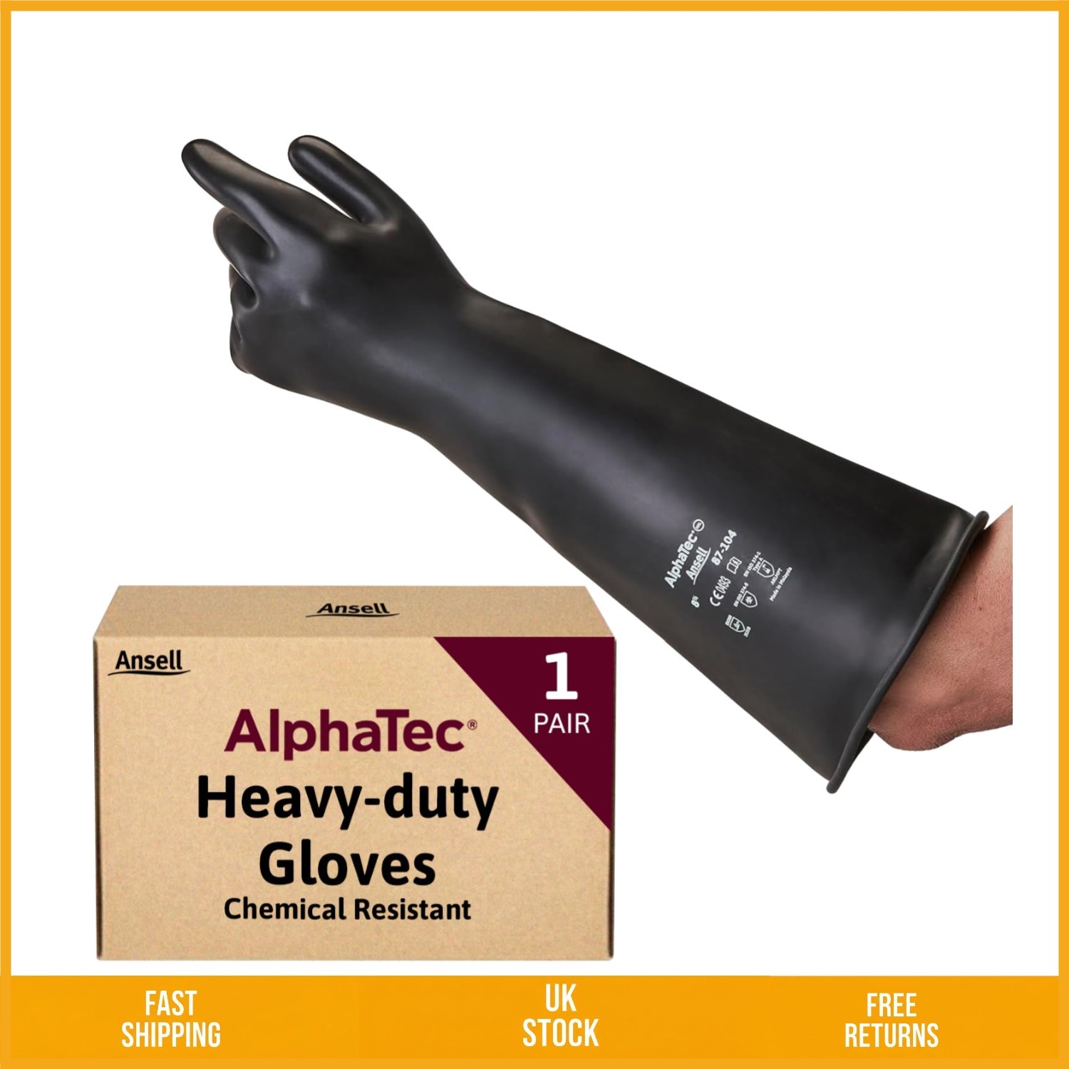 Heavy Duty Chemical Resistant Black Latex Gloves 43cm Long Cuff XL Size 1 Pair