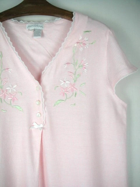 Camisón Miss Elaine Talla M 100% Algodón Rosa Cuadros Tejido Elástico Bordado Foto 3 de 4