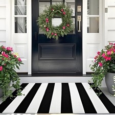 Black and White Striped Outdoor Rug 27.5'' x 43'' Front Door Rug,Washable Cot...