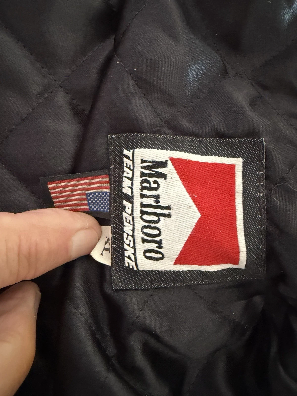 Marlboro Team Penske Leather Bomber Jacket Black/Red Quilted Lined XL image 5