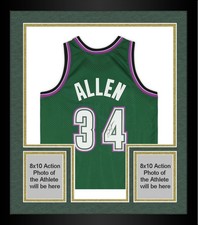 Framed Ray Allen Bucks Autographed Green Mitchell & Ness 1996-97 Swingman Jersey
