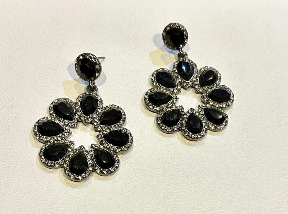 REBECCA MINKOFF XL Silver Crystal Black Faceted Stone Drop Flower Earrings - Image 3 of 4