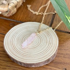 Natural Rose Quartz Crystal Pendant Necklace Gold Tone Wire Wrapped Gemstone