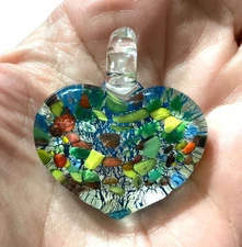 Murano Italy Glass Heart Pendant w/Millefiori Style Chips & Silver Foil