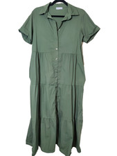 BLUE NAVY Brand Womens Small Maxi Shirt Dress Tiered Green Made In Italy Cotton