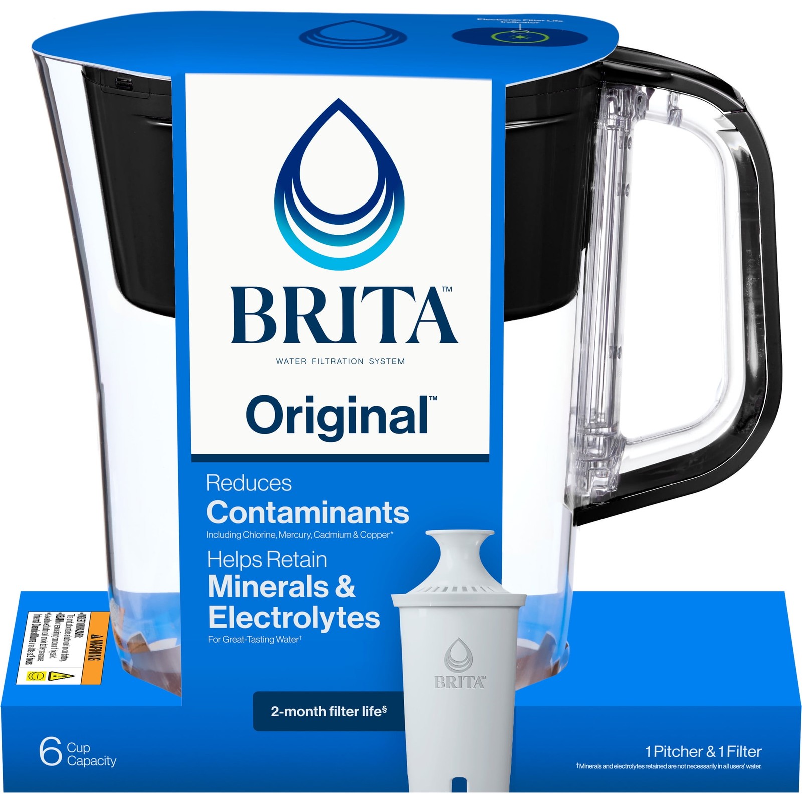 Brita Small 6 Cup Black Denali Water Filter Pitcher with 1 B