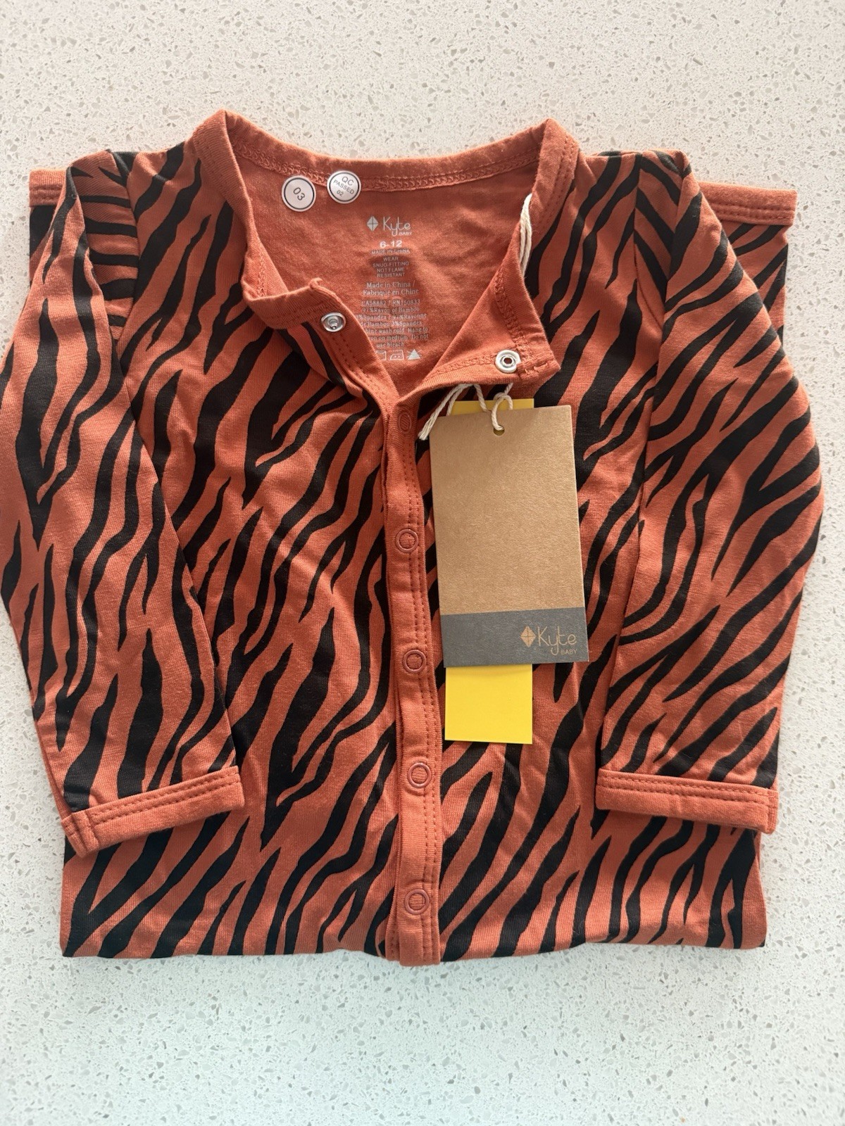 KYTE Tiger Stripe One Piece Costume PJ Long Sleeve Snap Front 6-12 Months  NWT