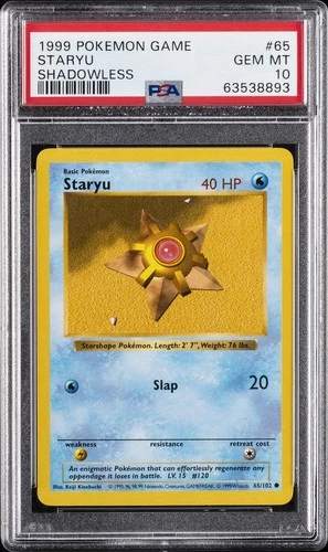 1999 POKEMON BASE SET SHADOWLESS #65 STARYU PSA 10