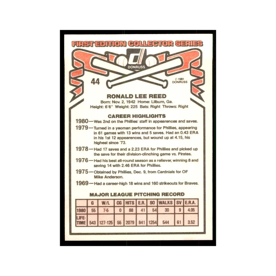 1981 Donruss Ron Reed Baseball Cards #44.0 - Image 2 of 3