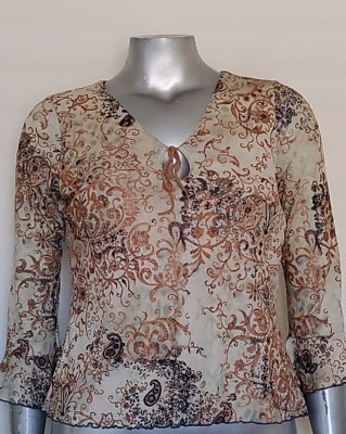 Women's St Johns Bay Lined Top Blouse Size L Keyhole neck 3/4 flare cuff Sleeve