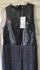 BNWT Black & Polka Dot ZARA Contrast Faux Leather & Plisse Pleat Dress S 8/10
