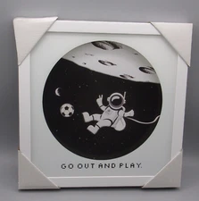 Pillowfort Black & White Astronaut Playing Soccer "Go out and Play" 12x12 Print