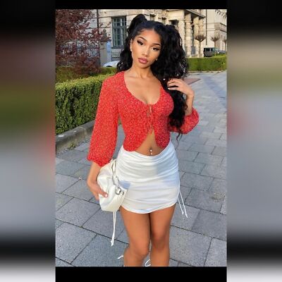 FASHION NOVA Chia Boy Chiffon Tie Up Top T2939 Red New NWT Women's