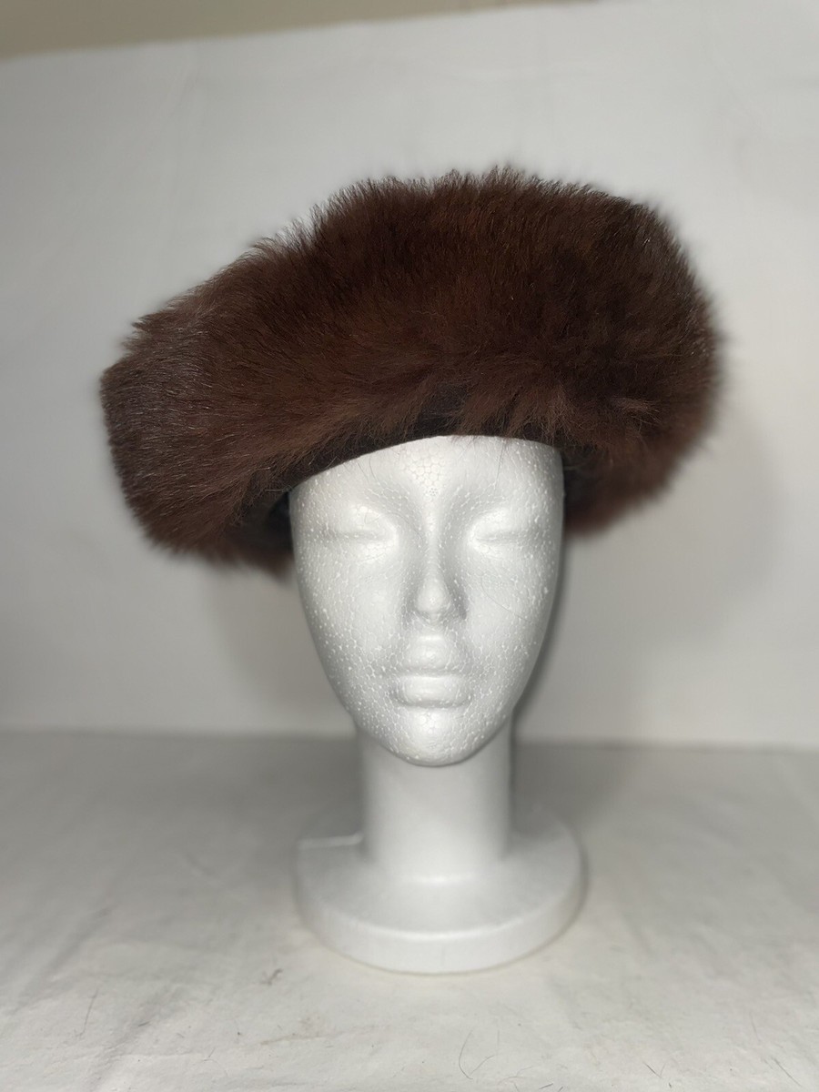 Vintage Ladies Brown Genuine Fox Fur Brim Hat Felt Crown Pillbox Winter Cap