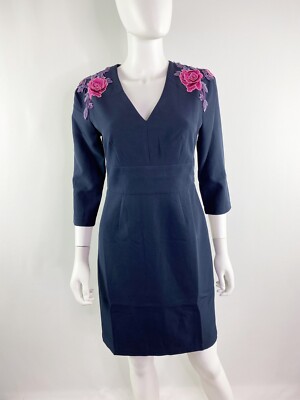 Alexia Admor Samantha Navy Blue Embroidered V Neck Sheath Dress Womens 2 NEW