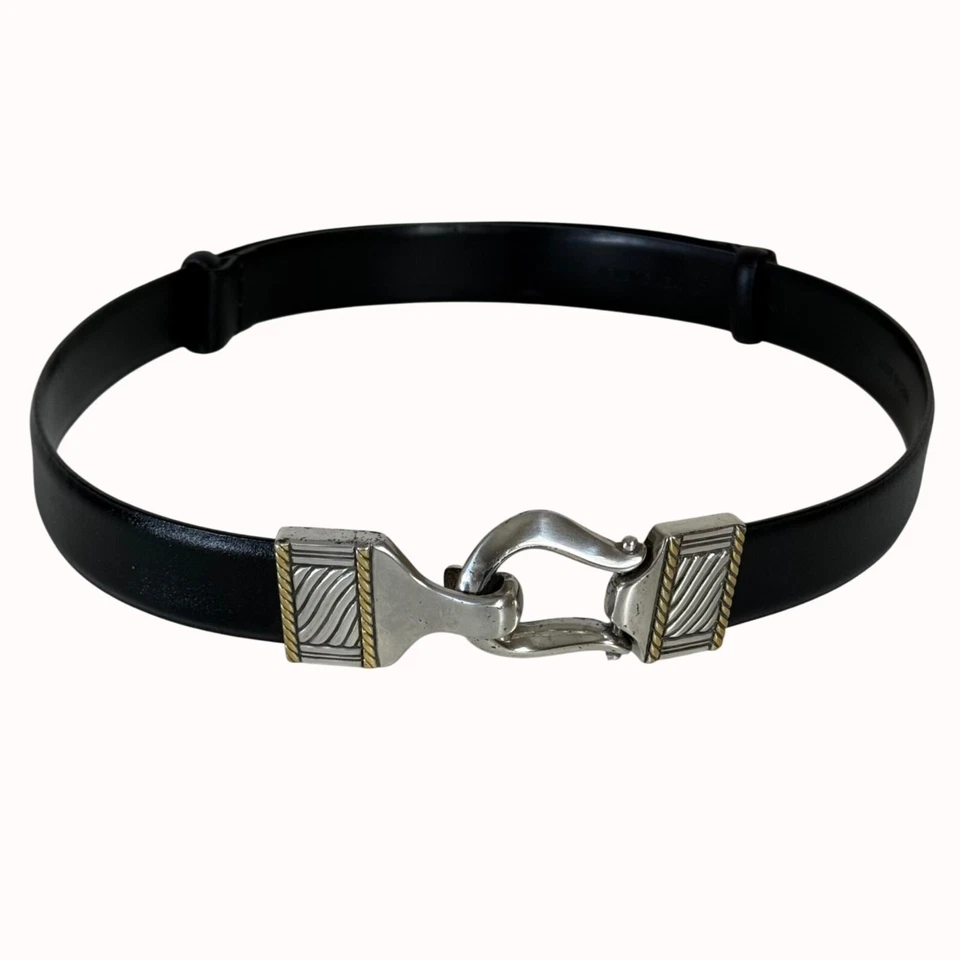 Anne Klein Black Leather Belt Size M/L Silver Slide Hook Buckle 32 Waist Fashion - Image 2 of 4