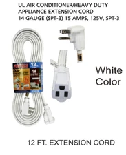 12ft Heavy Duty Appliance AC Power Electric Extension Cord 14 Gauge 15A UL White