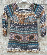 Win Win Women's Size L-XL Bell Sleeve Multicolor Earth Tones Stretch Tunic Top