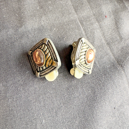 Orecchini Vintage Tono Argento Scuro Rosa Strass Quadrati Clip-on Pietra Cabochon - Foto 4 di 7