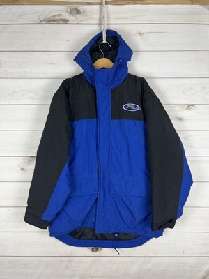 FILA Jacket Mens Medium Blue Black Hooded Colorblock Puffer Parka Big Logo Back