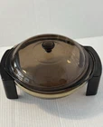 Pyrex Amber Brown Casserole 2 Qt Dish with Lid with Cradle Stand Holder Vintage